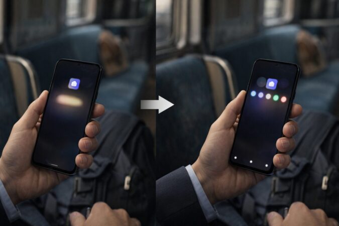 画面点灯後に通知がまとめて届くAndroidの遅延パターンを表現した移動中のスマホ利用シーン