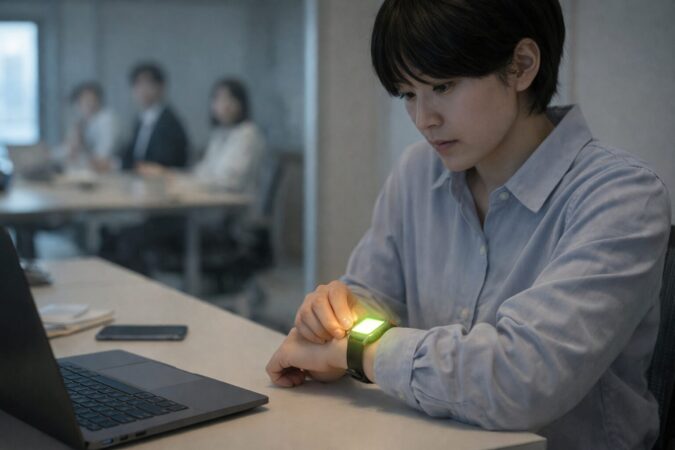 通知の光で手元が目立ち恥ずかしさを感じる日本人会社員のオフィスシーン