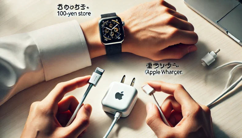 日本人が100均のスマートウォッチ充電器と純正Apple Watch充電器を比較しているシーン。整ったデスク上で、質感やデザインの違いが明確に描写されている。