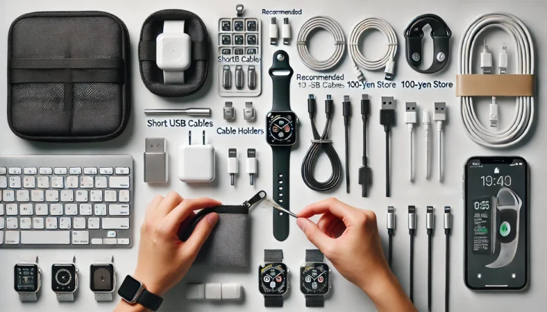 スマートウォッチ利用者向けの100均おすすめアクセサリーが机上に整理されて並べられており、日本人がそれらを旅行用ポーチに入れている場面。コンパクトなUSBケーブルや収納グッズが中心。