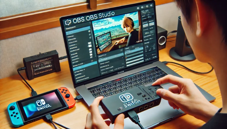 日本人のユーザーがOBS Studioを使ってノートパソコンでNintendo Switchの映像を表示しているシーン。キャプチャーボード経由での接続とOBS画面が確認でき、設定作業中の様子が描かれている。