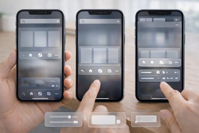 Safariのタブ表示（上・下・コンパクト）でボタン位置とタブ一覧導線が変わることを理解するための図解イメージ
