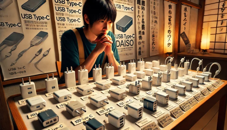 日本人ユーザーが和室で100均のUSB Type-C充電器と他のメーカー製品を比較して安全性を見極めている様子。複数の充電器を机に並べ、サイズや端子の構造を慎重に観察している。