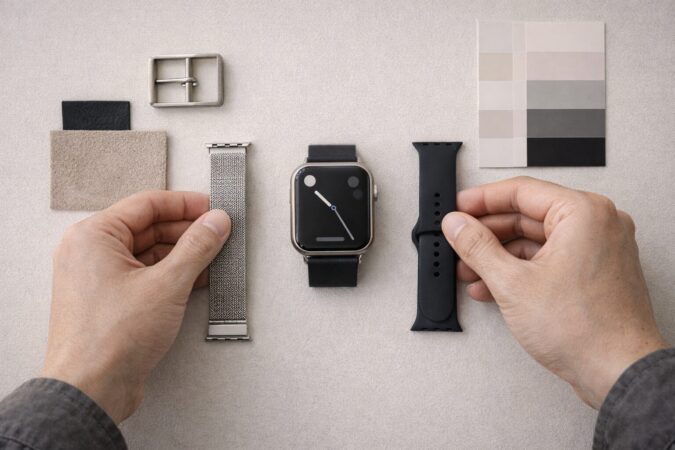 服の素材感と統一しておしゃれに選ぶためのバンド比較とミニマル文字盤のフラットレイ