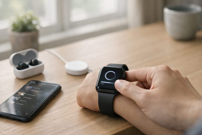 Apple WatchでAmazon Musicを外出前にオフライン用ダウンロード準備する日本人の手元（充電しながらイヤホンも用意）