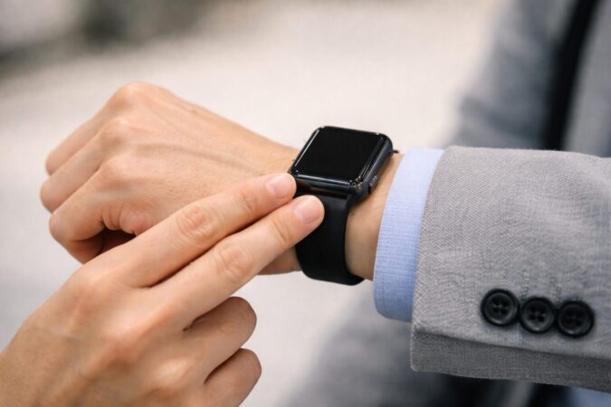 決済前にスマートウォッチのサイドボタンを素早く2回押す操作イメージ(