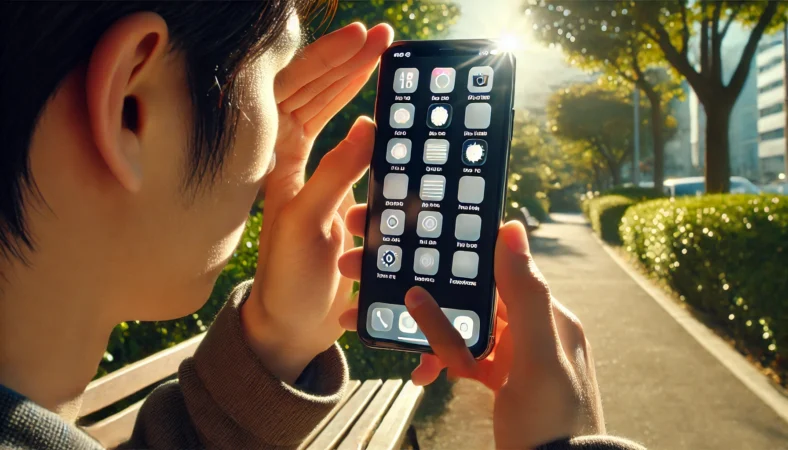 明るい屋外でSafariのツールバーが見づらくなり誤タップが増える状況を示すイメージ