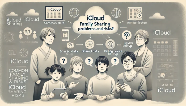 日本人家族がiCloudファミリー共有の設定や支払い、データ共有に戸惑っている様子。混乱や悩みを示す表情や環境要素が含まれ、落ち着いた雰囲気の中でリスクを示唆している。