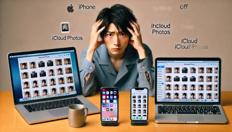 iPhone、iPad、MacBookを前に、写真が同期されていないことに困惑する日本人の様子。各デバイスに表示された写真の不一致が、iCloud写真オフ後の手間や不便さを象徴している。