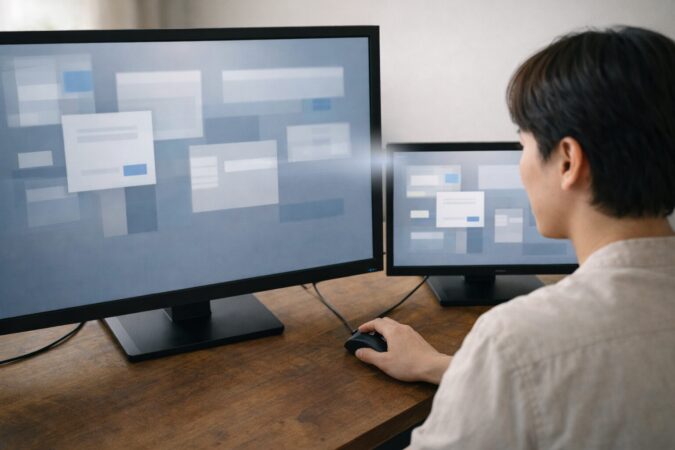 解像度や拡大率の差で境界の一部だけマウスが通れて引っかかるデュアルモニターの例