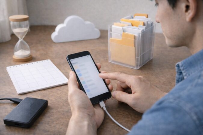 iCloudダウングレード後は容量不足で保存や同期やバックアップ更新が止まりやすいことを示す概念イメージ