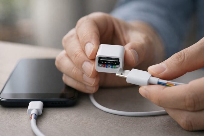 USBのデータ通信を遮断して充電専用にする物理対策（データブロッカー）を示す手元のイメージ