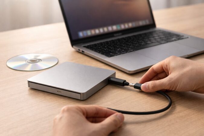 ハブを使わずUSB-C直挿しで外付けCDドライブをMacBookに接続する手順イメージ
