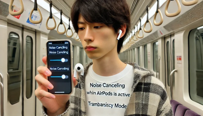 日本人のユーザーがAirPods Proを装着し、ノイズキャンセリングをオンにしたときだけザーザー音が発生する問題を確認している様子。iPhoneでモードを切り替えながら静かな室内で検証している。