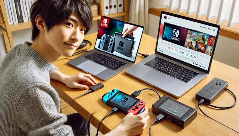日本人のユーザーがNintendo Switchをキャプチャーボードを通じてノートパソコンに正常に接続し、Switchの画面がノートPCに映っている成功状態を示すシーン。