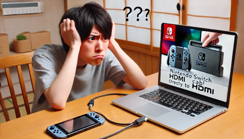 日本人のユーザーがNintendo SwitchをノートパソコンにHDMIで直接接続しようとして混乱している様子。画面には映像が表示されておらず、接続失敗の状況を視覚的に示している。
