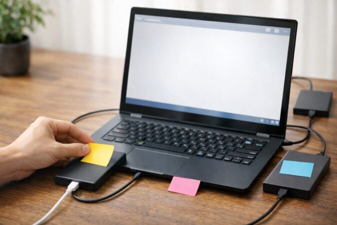 PCと外付けストレージを二重化し保管場所を固定してバックアップ消失を防ぐ対策イメージ