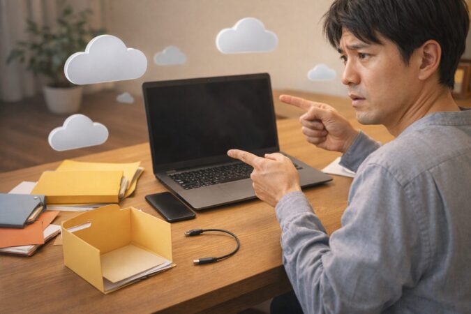 クラウド同期を止めた後に保存先が分からず混乱するリスクを示すイメージ