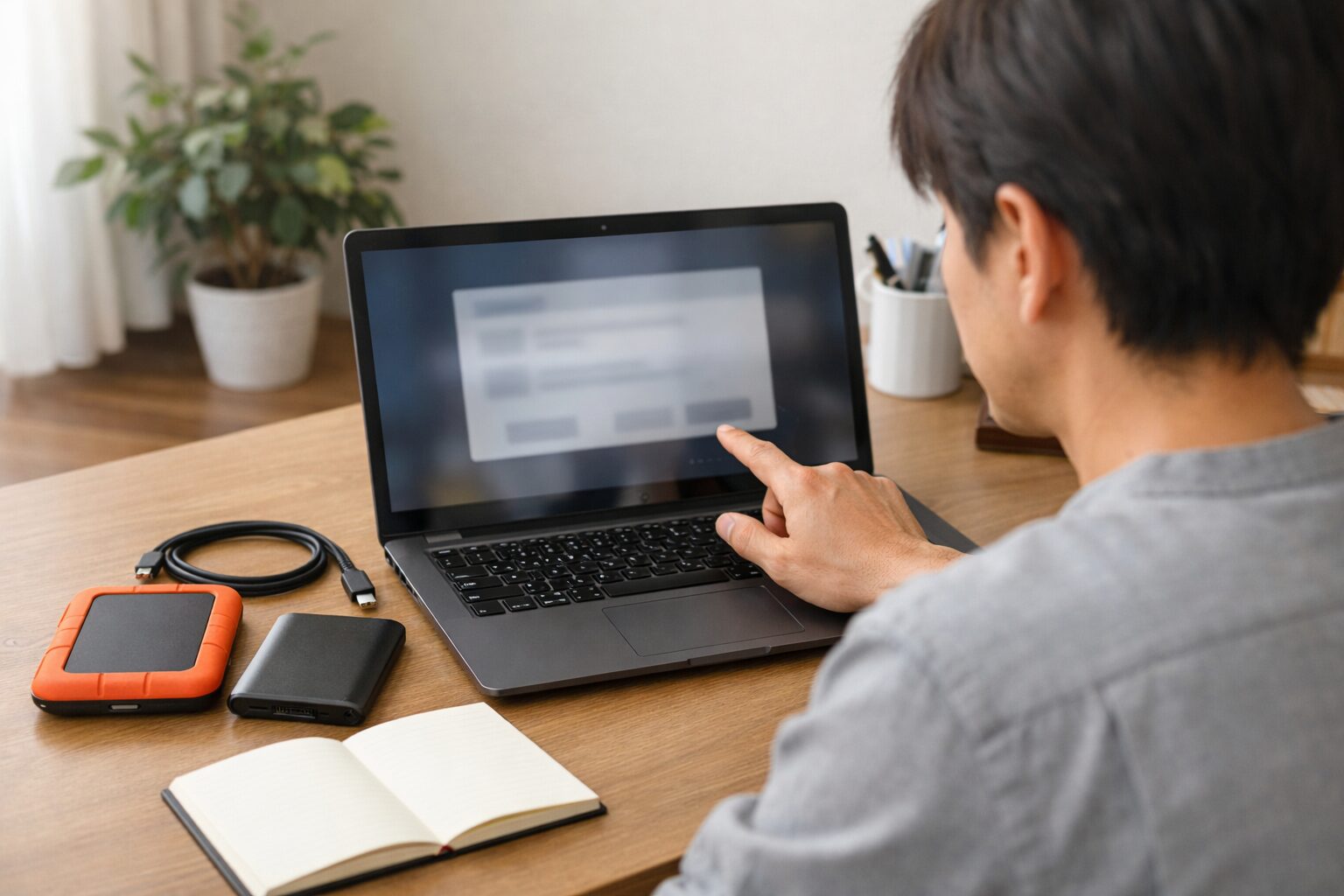 Windowsのバックアップ案内をオプトアウトし、外付けSSDで安全な代替バックアップを用意する様子