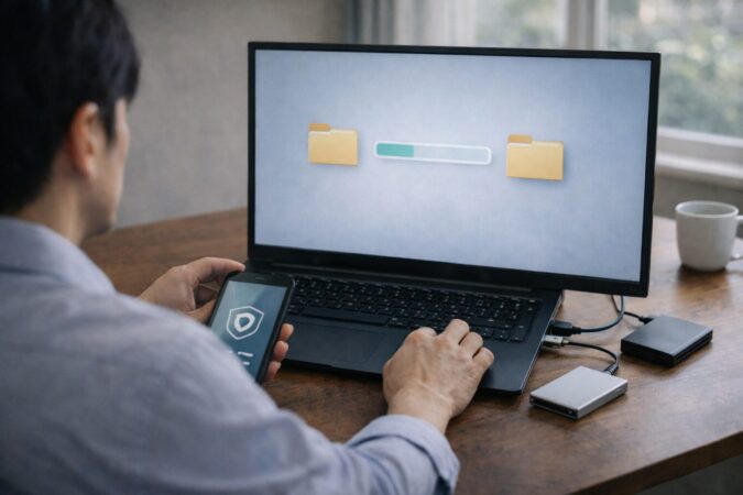Chromeの復旧前にブックマークやプロファイルを外部ストレージへバックアップ準備するイメージ
