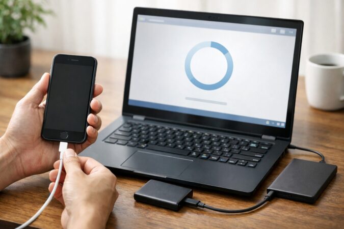 WindowsでiPhoneを接続し、安定した環境でバックアップを実行する新手順のイメージ