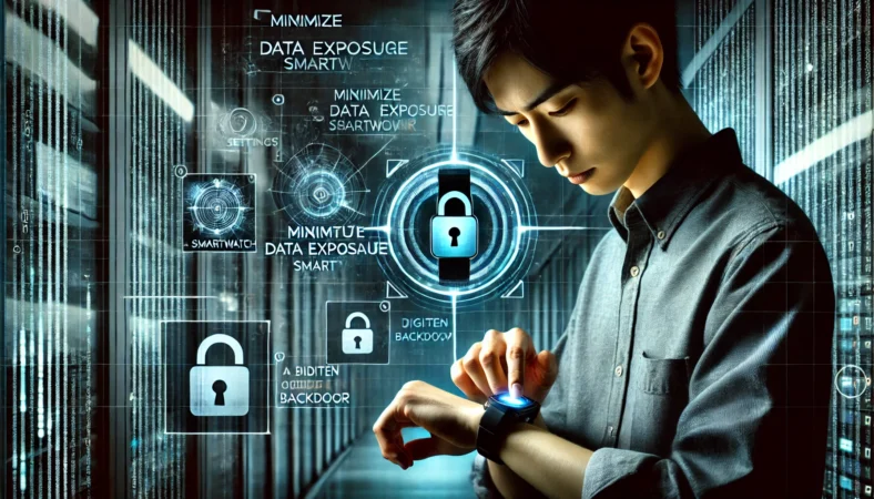 バックドアの可能性を意識しながらスマートウォッチの設定を確認している日本人男性。暗めの室内で、デジタル鍵や監視を連想させる抽象的な背景が描かれている。