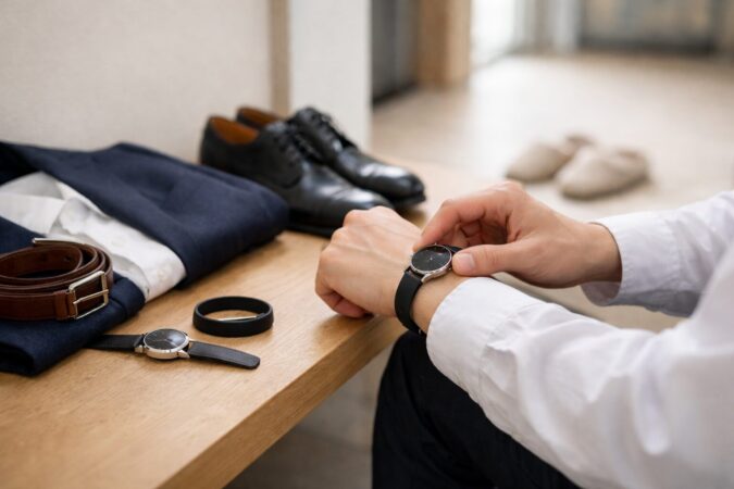 スーツに馴染む時計風スマートウォッチと細身バンドを日本人男性が手元で比較する目立たない選び方のイメージ