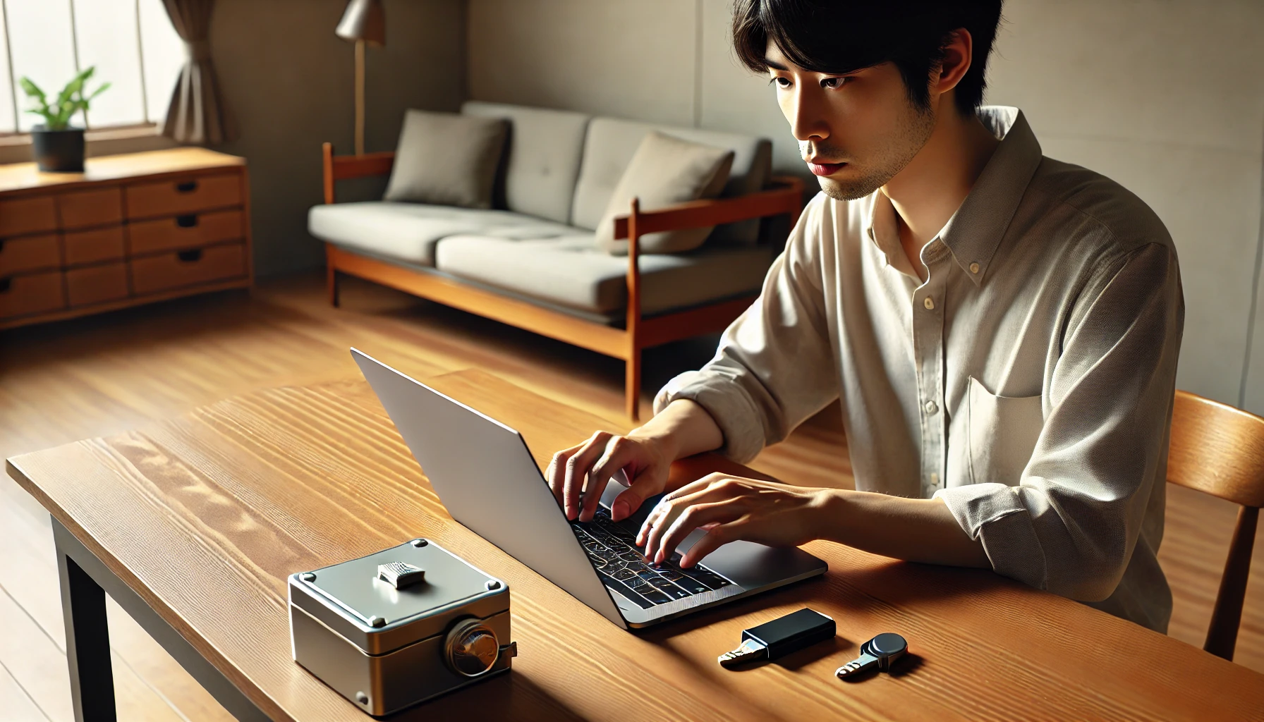 セキュリティキーを挿したノートパソコンを操作する日本人男性と、分離保管用の物理キーと金庫が置かれたデスクの様子