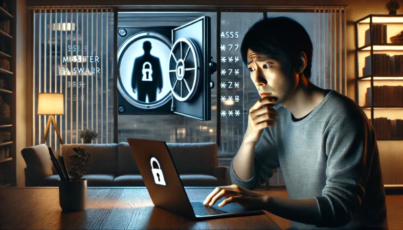 ノートパソコンを前に不安そうな表情を見せる日本人男性と、背後に開きかけた金庫と不審な人影があるサイバーリスクのイメージ