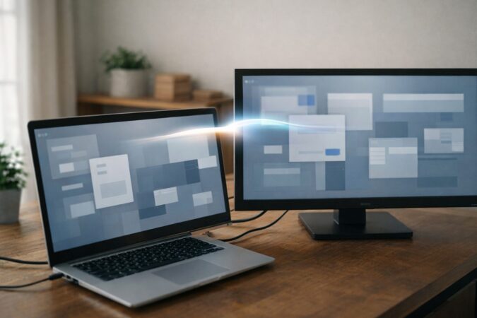 2画面の境界がずれてマウスが通れる範囲が狭くなる様子を示すデュアルモニターのイメージ