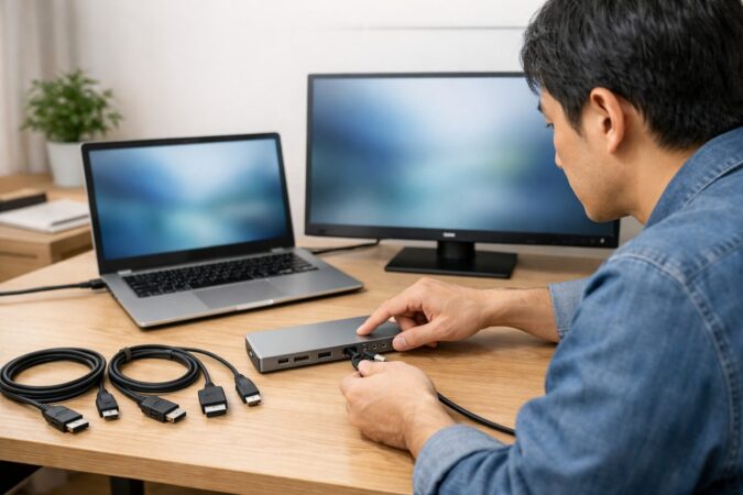 デュアルモニターの再発対策としてUSB-Cドックとケーブルを見直す日本人の作業風景