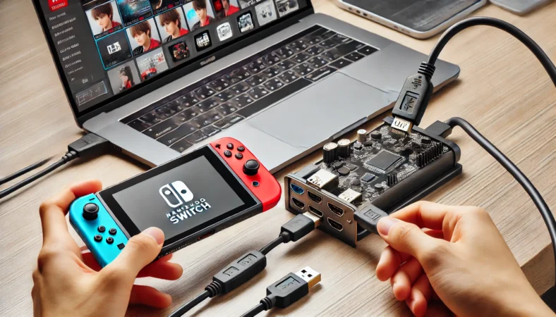 日本人の手元で、Nintendo Switchドックとキャプチャーボード、ノートパソコン間のHDMIおよびUSBケーブルの正しい接続状況を確認しているシーン。接続ミスを防ぐ意図が視覚的に伝わる構図。