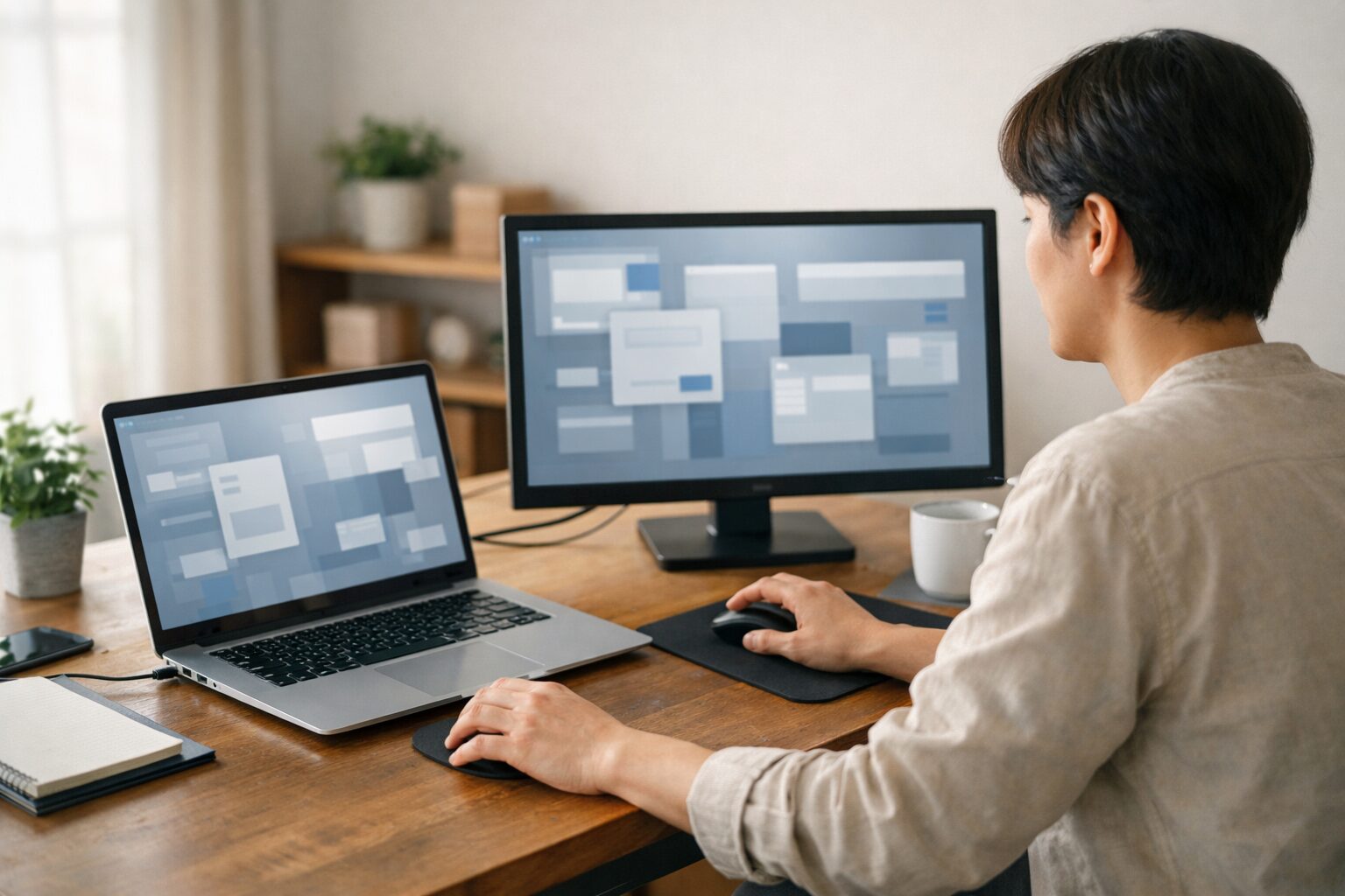 パソコンのデュアルモニター環境でマウス移動トラブルを確認する日本人の作業風景