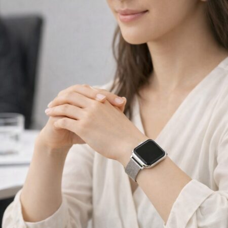 会議室で日本人女性がシンプルな設定のスマートウォッチを控えめに着けて落ち着いた所作をしている場面