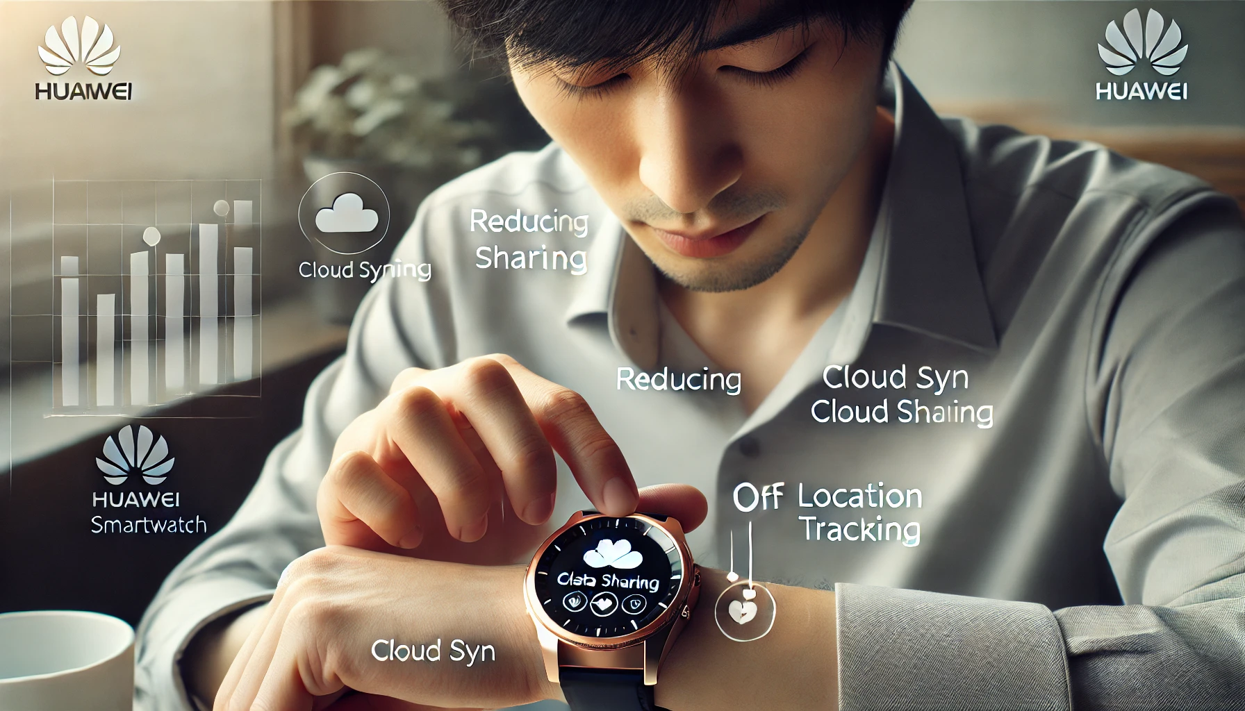 室内でファーウェイのスマートウォッチの設定を見直し、クラウド同期と位置情報をオフにしている日本人男性の様子。プライバシーとデータ制御を意識した安全な運用を示す。