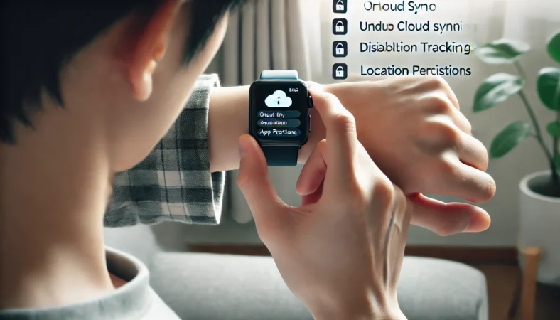 自宅でスマートウォッチのクラウド同期や位置情報、アプリ権限を最小限に設定している日本人。プライバシー意識の高い安全な使い方を象徴する穏やかなシーン。