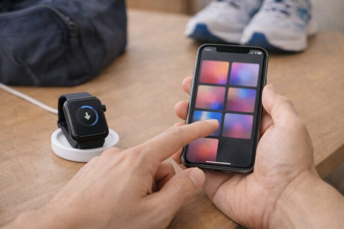 iPhoneでプレイリストを選びスマートウォッチに準備している外出前の手元