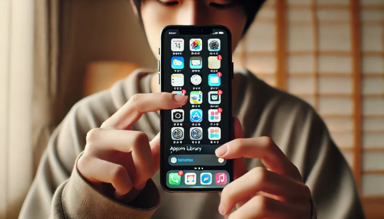 日本人の男性がiPhoneのアプリライブラリから非表示にしたアプリを見つけ、ホーム画面にドラッグして戻している場面。整頓された和風モダンな室内で操作を行っている。