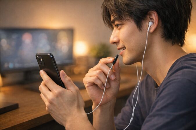 VRChatの通話を安定させるために有線マイク付きイヤホンを使う日本人ユーザーのクローズアップ