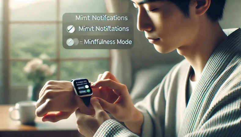 落ち着いた雰囲気の部屋で、日本人がApple Watchの通知設定を調整している様子。不要な通知をオフにし、集中や静けさを保つマインドフルネス重視の設定が視覚化されている。