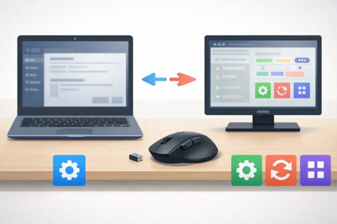 Windows標準設定とメーカーソフトの役割分担を、マウスと2つの設定画面で対比したビジュアル