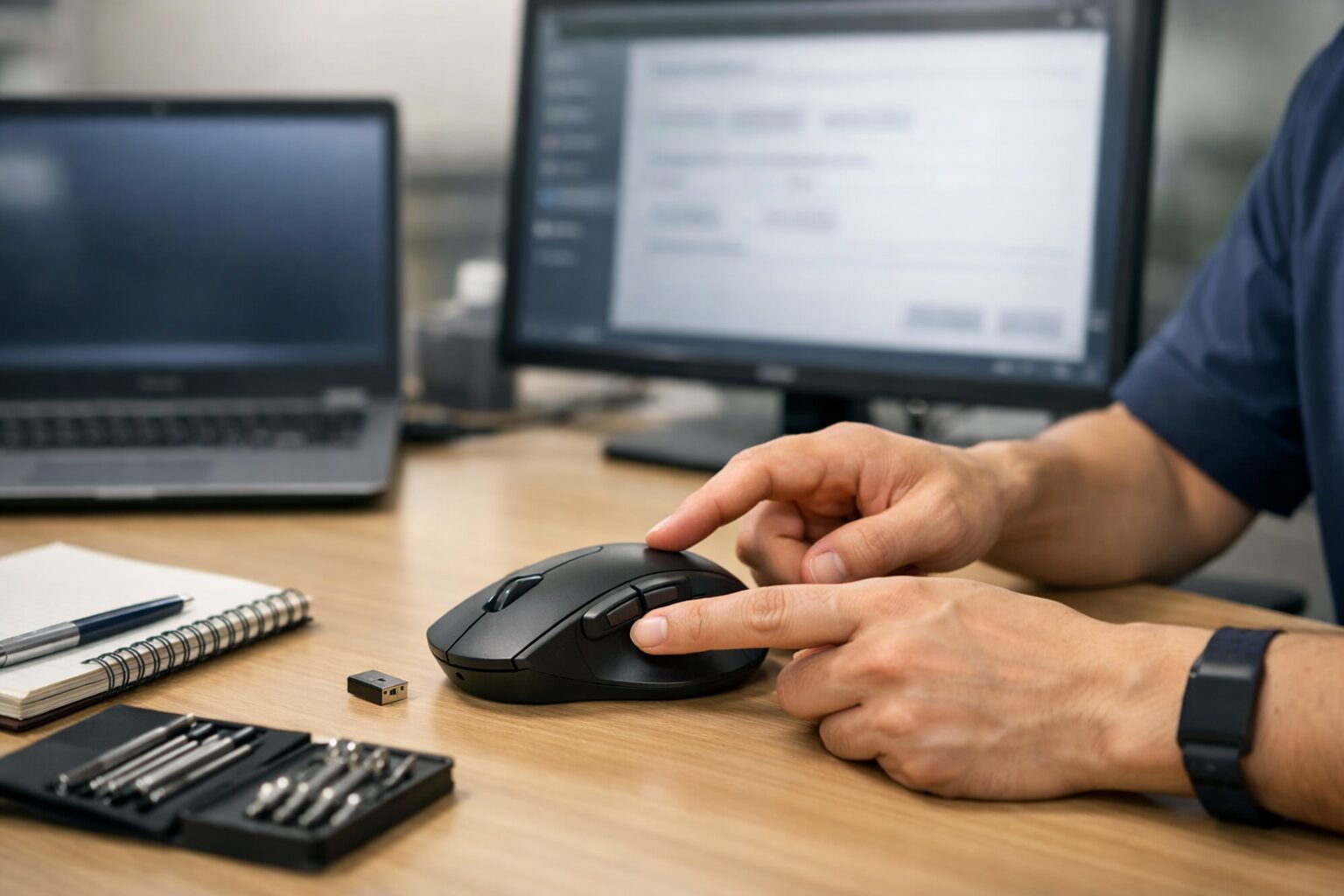 テクサポ担当者がサイドボタン付きマウスの割り当て設定と不具合切り分けを机上で説明している様子