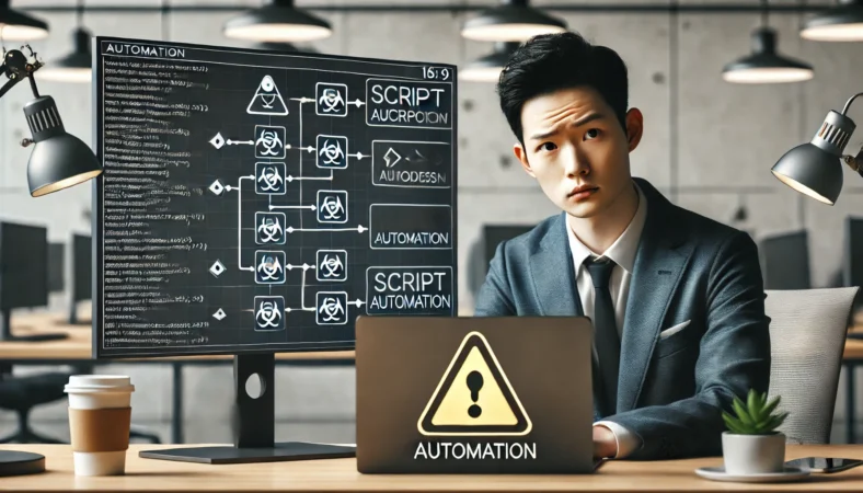 退席中回避の自動化やマクロ運用に伴うセキュリティ・規程リスクを示す、日本人会社員の注意喚起イメージ