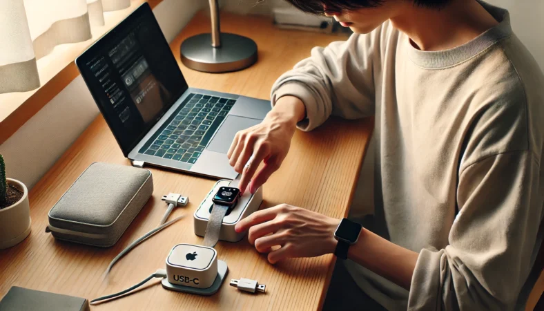 自宅でApple Watchをマグネット充電中の日本人。ケーブルが自然にたるむ配置で、安定した接続を保っている様子。