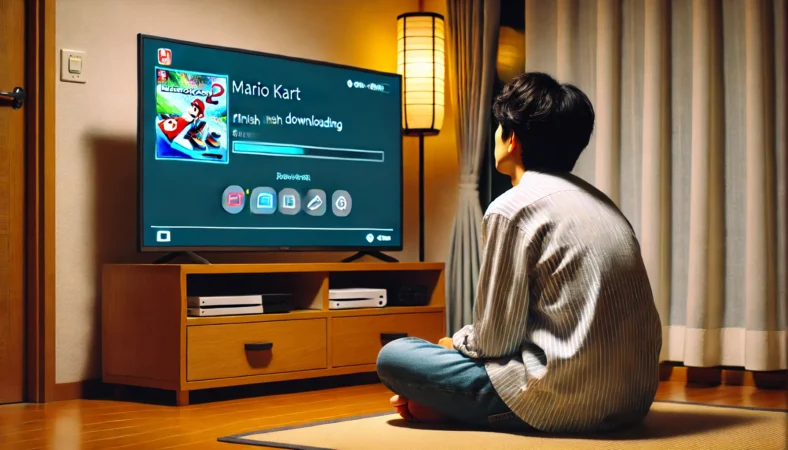 Switch2でマリオカートのダウンロードが遅く、テレビ前でじっと進行を待つ日本人ユーザーのリビング風景。夕方の雰囲気。
