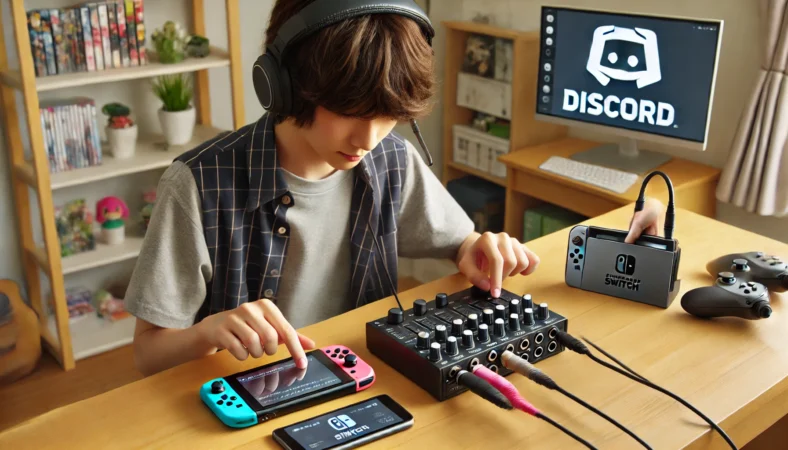 小型オーディオミキサーを使って、スマートフォンとNintendo Switchの音声を同時に調整する日本人ティーンエイジャー。Discord通話とゲーム音を一つのイヤホンで快適に聞けるようにセットアップされたプレイ環境。