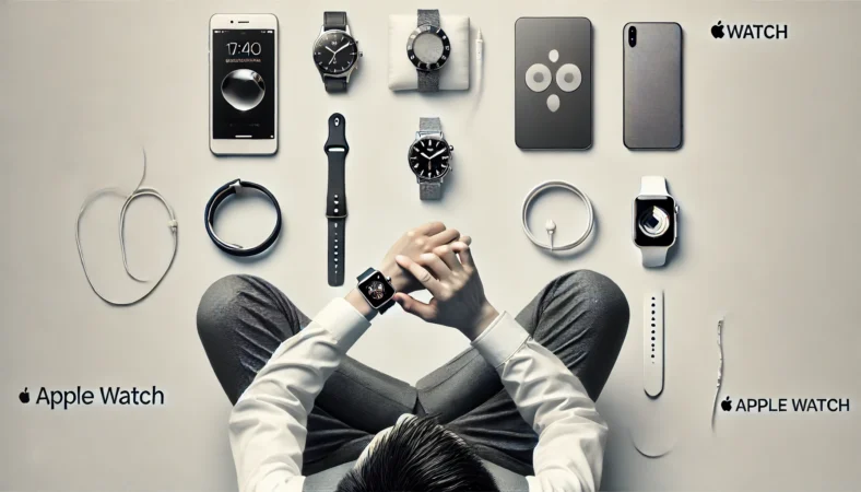 ミニマリストの日本人が、Apple Watch・アナログ腕時計・スマートバンドを冷静に比較している様子。シンプルで整った空間の中で、生活に摩擦を増やさない選択を意識した構図。