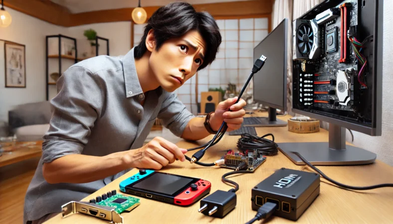 日本人男性がNintendo Switchドック、HDMIケーブル、キャプチャーボード間の接続を確認している場面。モニターに映像が表示されず、原因を確認するために配線と電源アダプターを点検している。