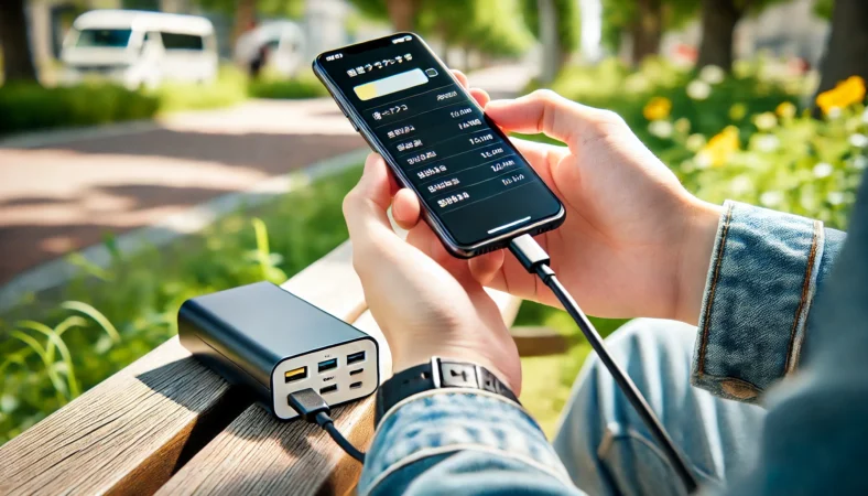 日本人が公園のベンチでスマートフォンをUSB PD対応のモバイルバッテリーから安全に充電している様子。Type-Cポートが明確に確認でき、発熱もなく安定した充電環境が表現されている。