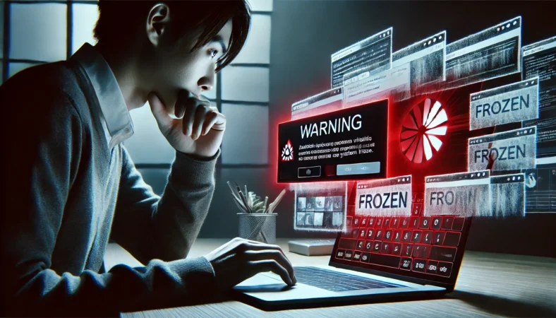 ノートPCがフリーズしかけて不安そうに画面を見る日本人ユーザーのイメージ